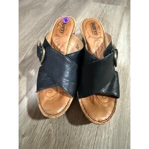BORN Leather Wedge Sandal, Women's size 8,strappy,big buckle
